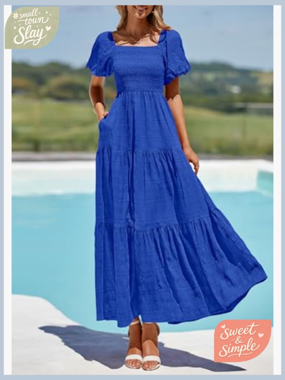 Puff Sleeve Maxi Dress Smocked Tiered Ruffle A-Line Summer Beach - Picture 6 of 7